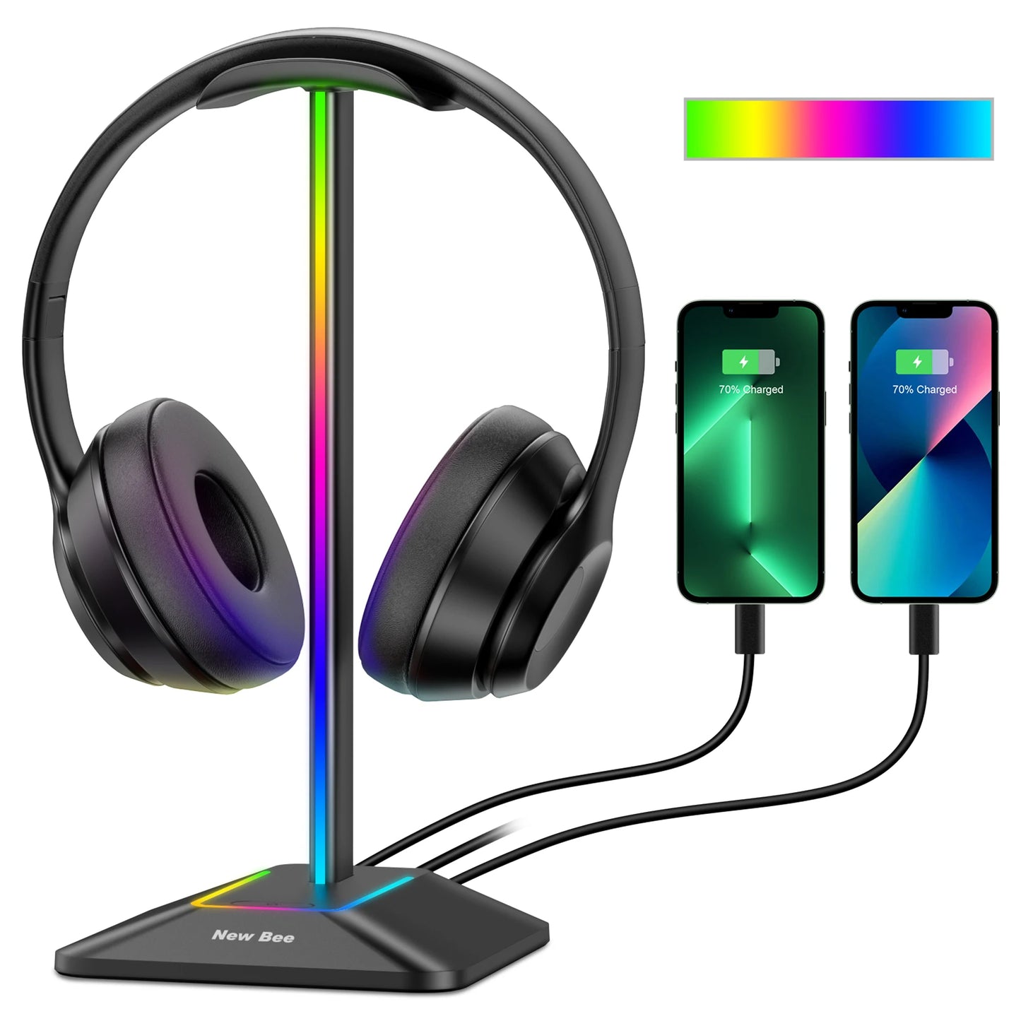Support Casque Gaming RGB New Bee Z8 – Socle Bureau avec 2 Ports USB et Base Antidérapante